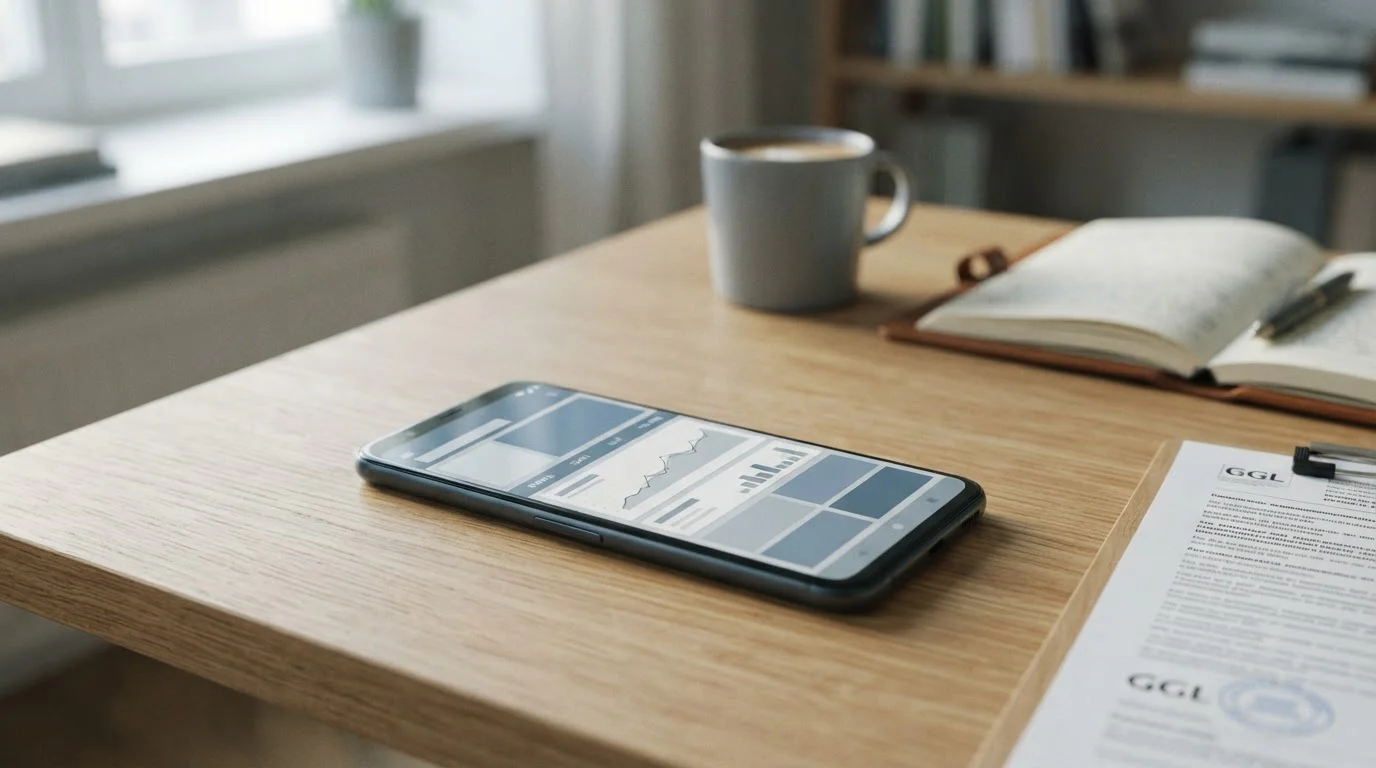 Android-Smartphone mit neutraler Wett-App-Oberfläche auf dem Bildschirm, im Hintergrund deutsche Regulierungsdokumente