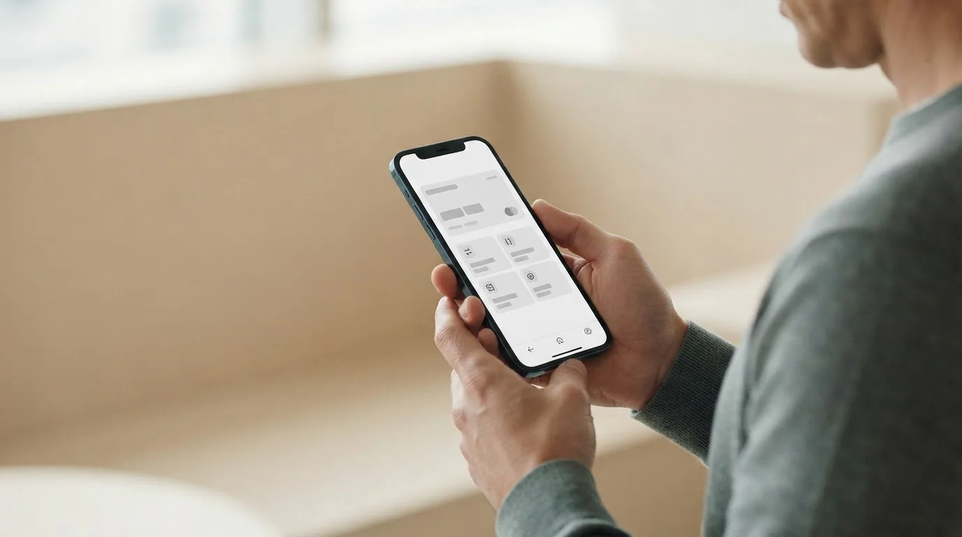 Hände halten Smartphone mit Banking-App zur schnellen Zahlung