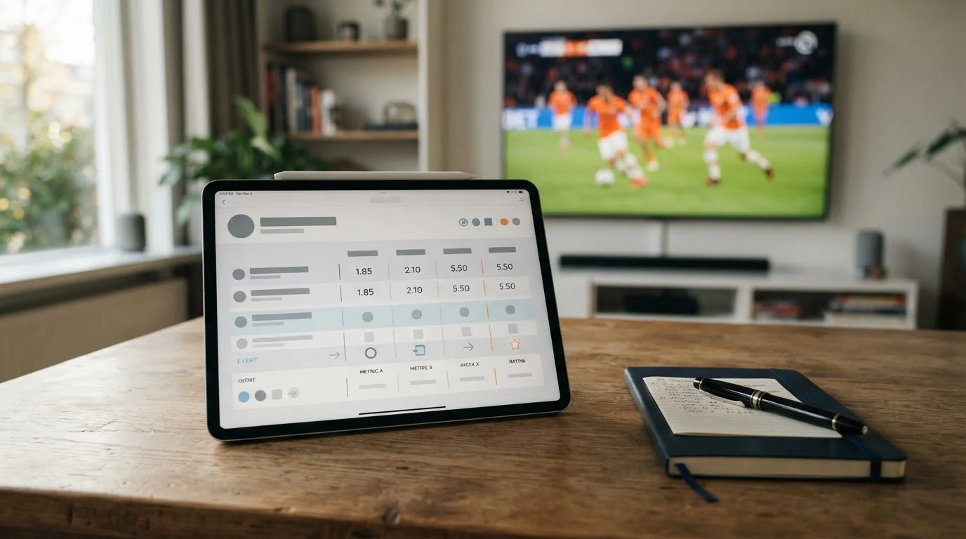 Tablet mit Wettvergleich und niederländischer Fußball im Hintergrund