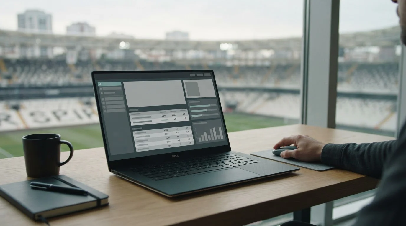 Analyse von Süper-Lig-Wettanbietern auf einem Laptop im neutralen Arbeitsumfeld