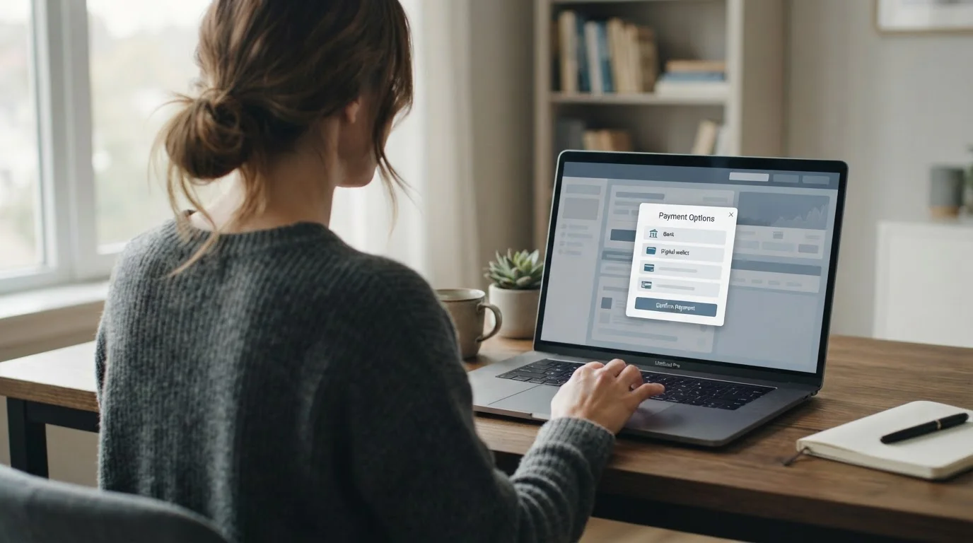 Person nutzt Laptop für Online-Wetten mit Banküberweisung als Zahlungsmethode