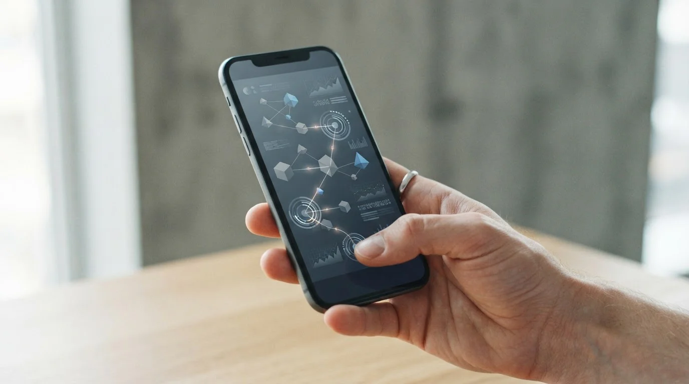 Smartphone zeigt abstrakte Blockchain-Transaktion mit Kryptowährung
