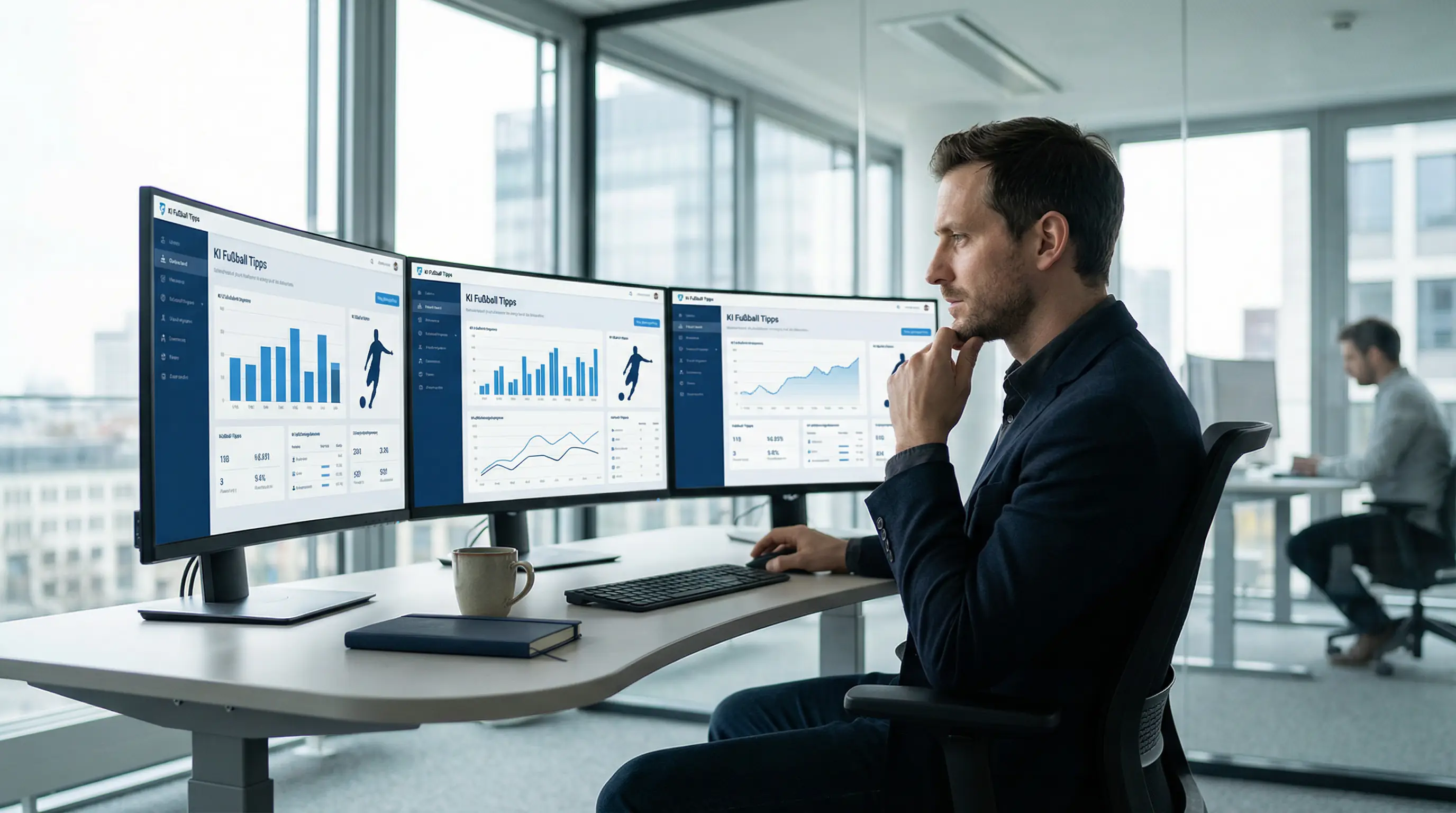 Datenanalyst vor mehreren Bildschirmen mit Fußballstatistiken