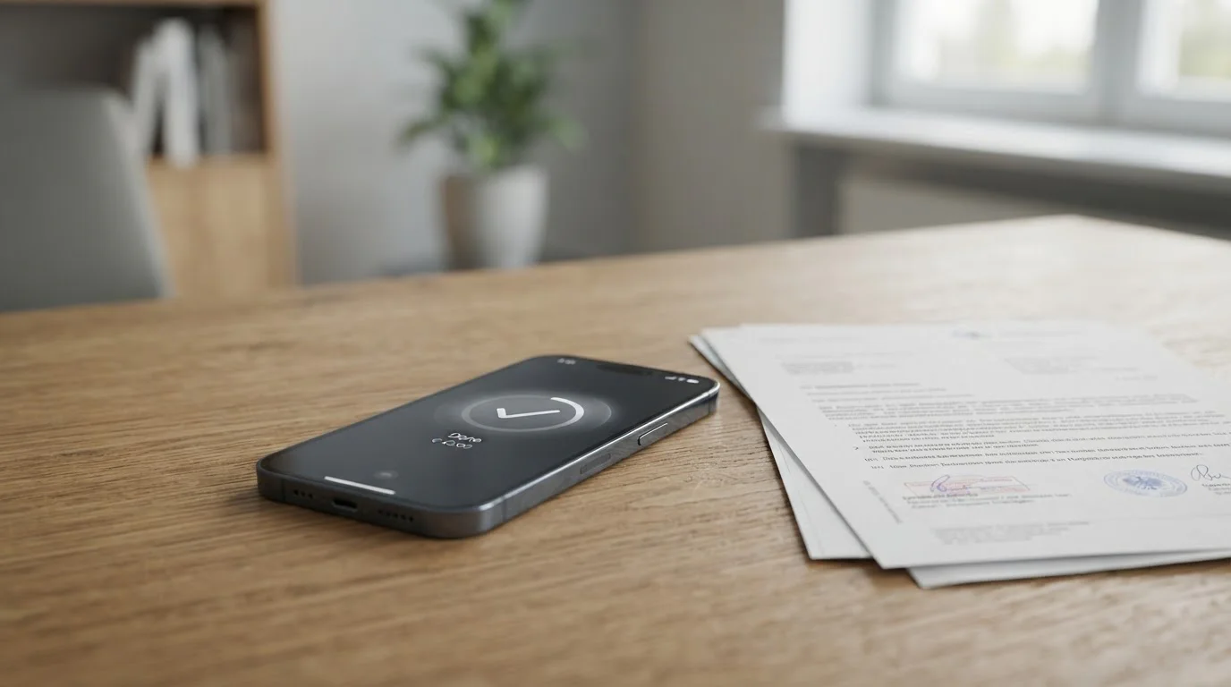 Smartphone mit Apple Pay Funktion liegt auf neutralem Untergrund neben deutschem Regulierungsdokument