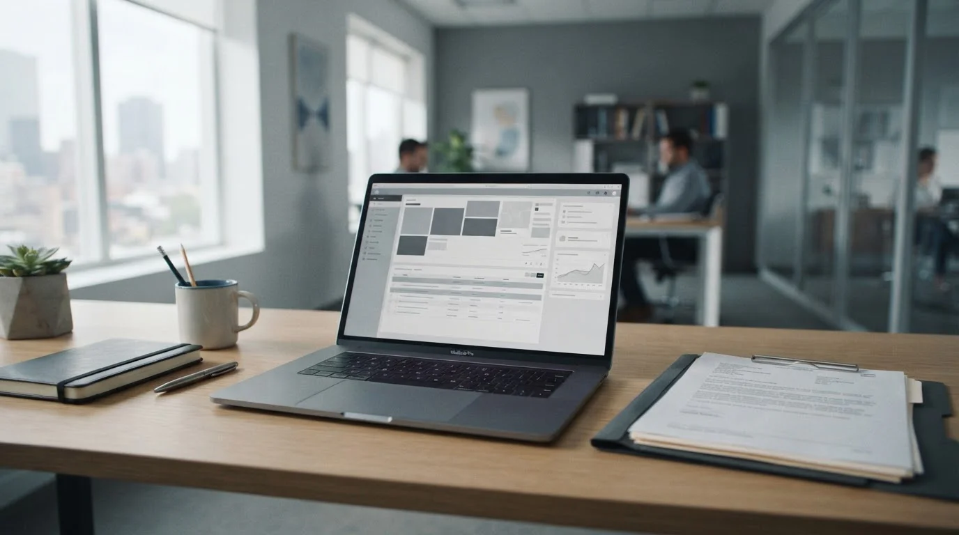 Aufgeräumter Schreibtisch mit Laptop und Dokumenten zur deutschen Glücksspielregulierung