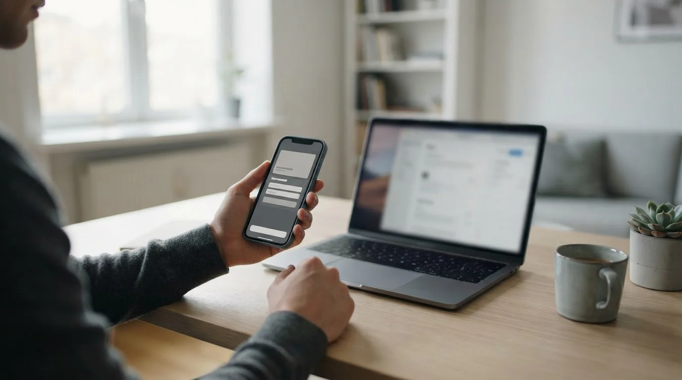 Neutrales Smartphone mit abstraktem Zahlungsinterface auf einem Schreibtisch neben Laptop