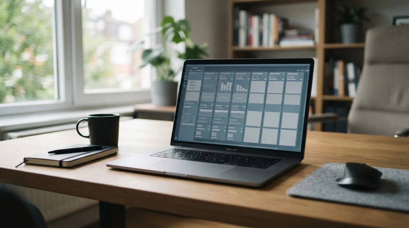 Laptop auf Schreibtisch zeigt neutrales Interface für Online-Wettanbieter-Vergleich