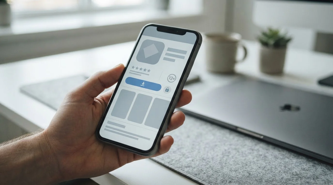 Smartphone-Bildschirm zeigt abstrakten App-Download-Prozess mit Sicherheitssymbolen