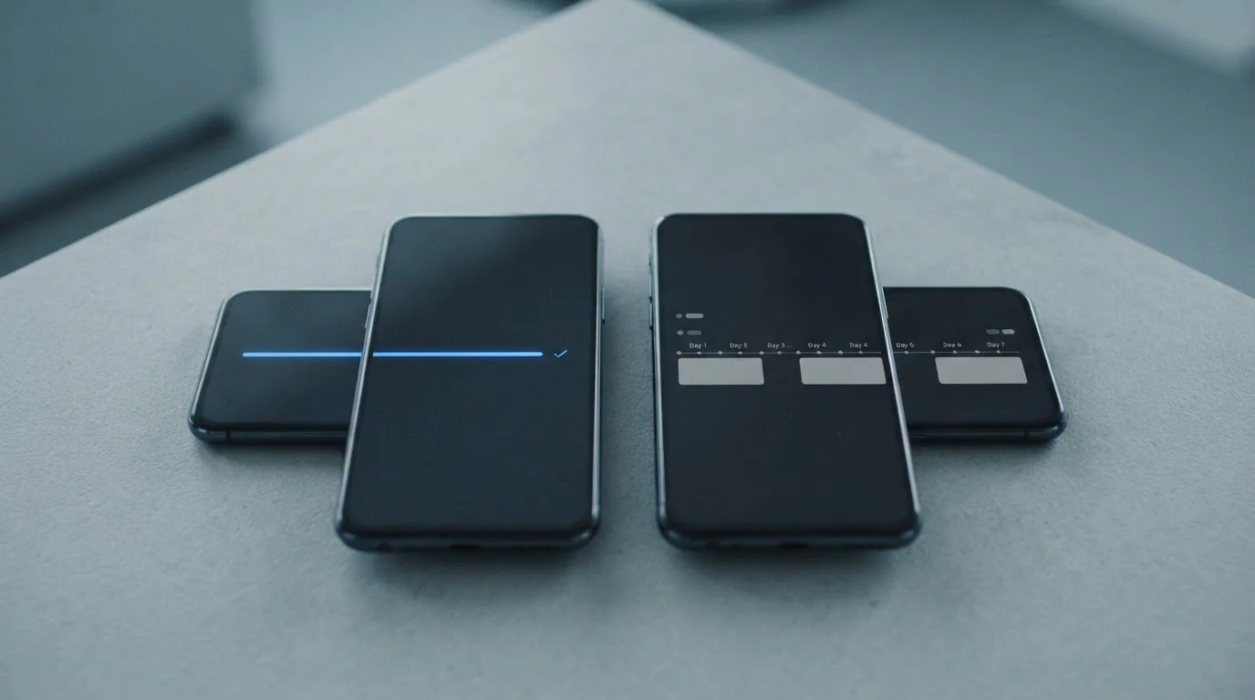 Zwei Smartphones zeigen den zeitlichen Unterschied zwischen sofortiger Einzahlung und verzögerter Auszahlung
