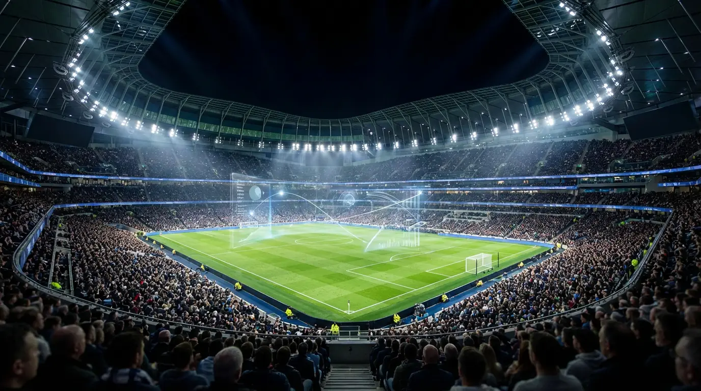 Futuristisches Fußballstadion mit Datenvisualisierung im Jahr 2026