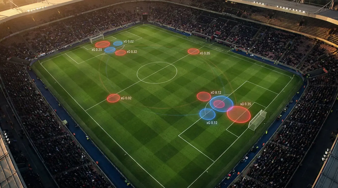 Fußballfeld mit Schussvisualisierung und Expected Goals Daten