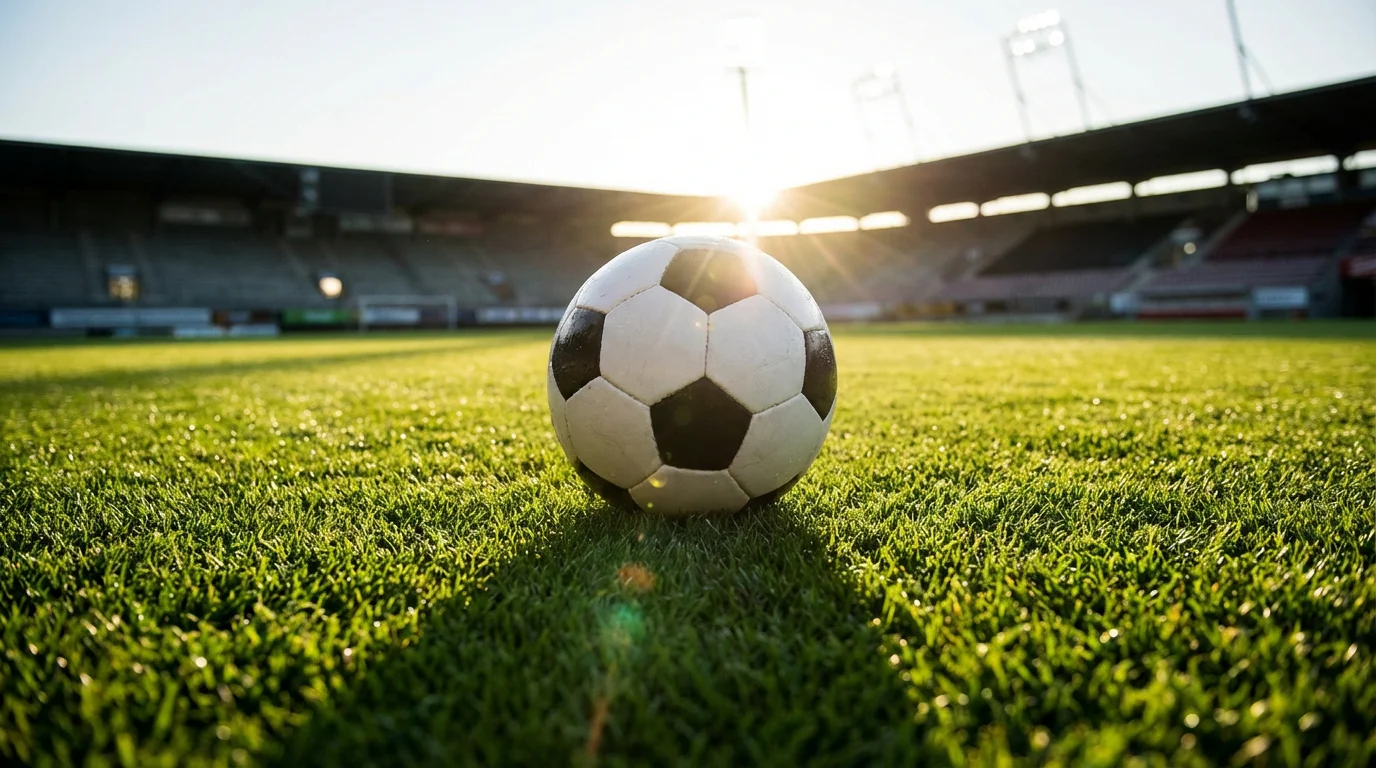 Fußball auf grünem Rasen mit dramatischer Stadionbeleuchtung