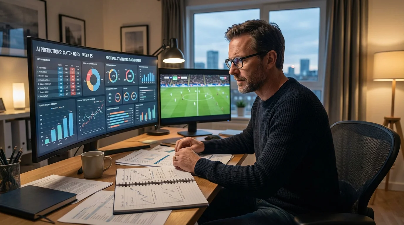 Analyst arbeitet mit KI-Prognosen und eigener Expertise am Schreibtisch