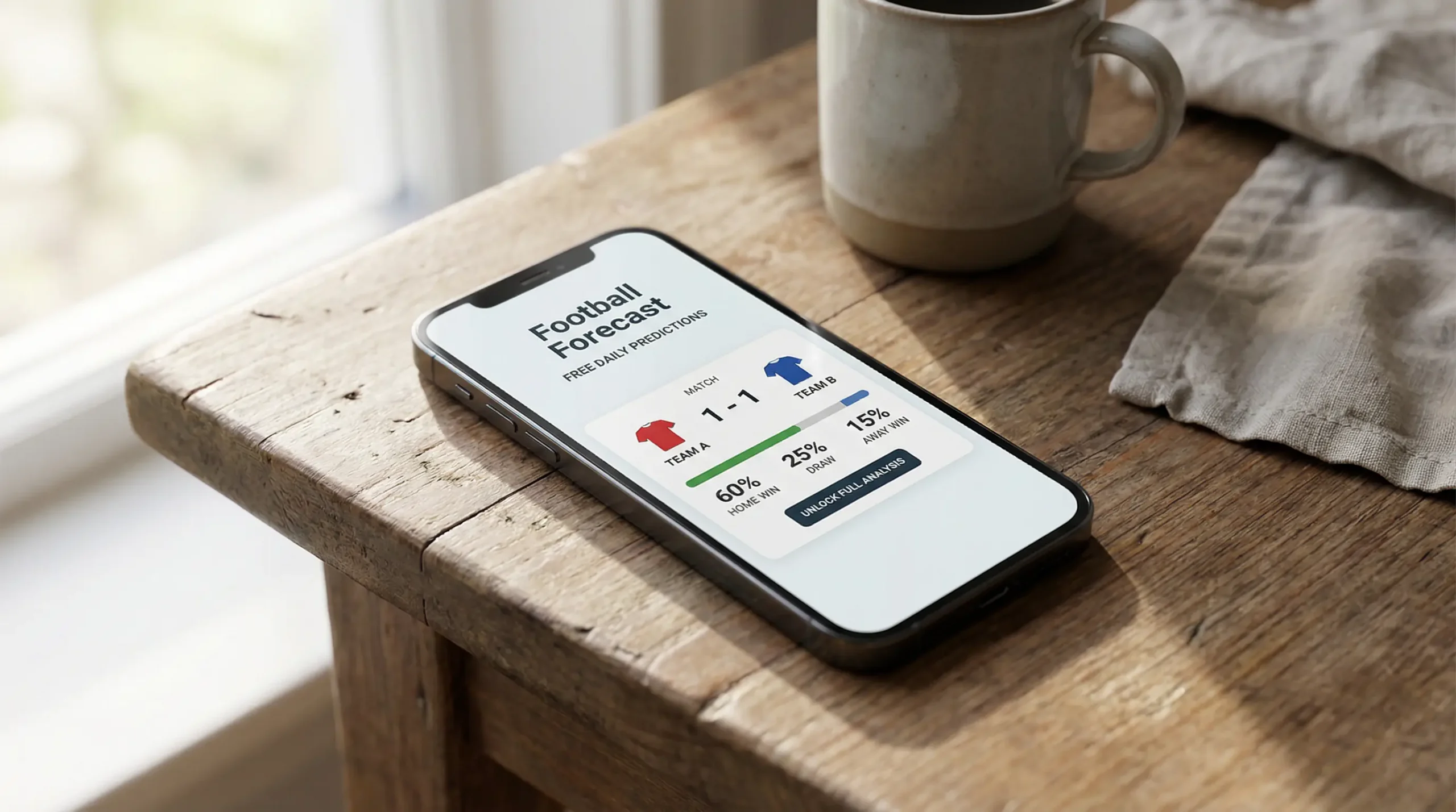 Smartphone mit kostenloser Fußball-Prognose-App auf einem Tisch