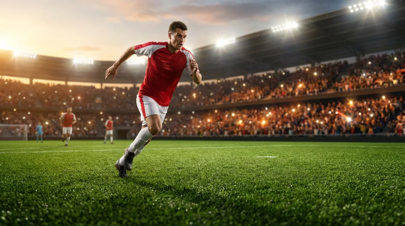 Fußballspieler auf dem Rasen bei Flutlicht am Spieltag