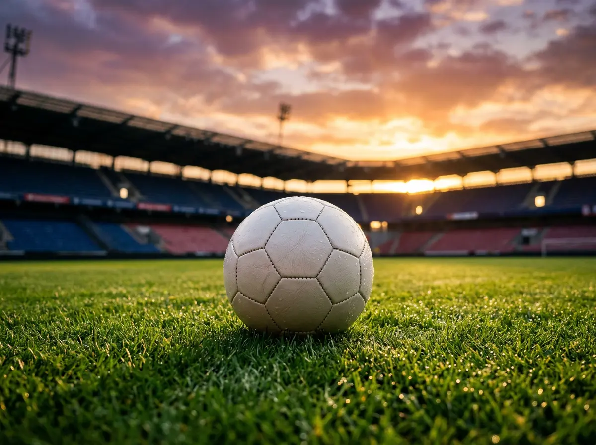 Fußball auf dem Rasen im Abendlicht vor dem morgigen Spieltag