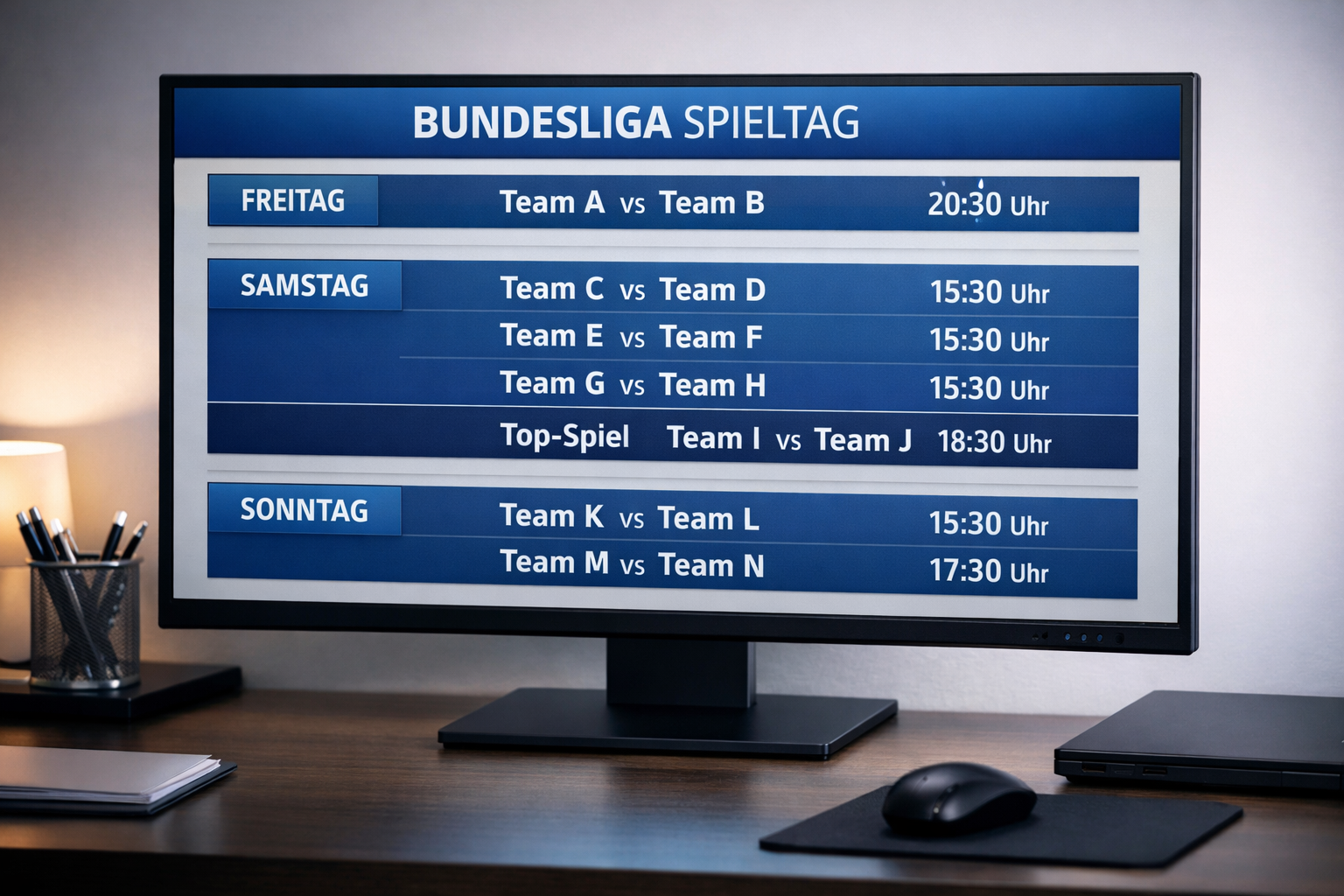 Monitor auf einem aufgeräumten Schreibtisch mit digitalem Spielplan eines Fußball-Spieltags in blau-weißem Design; angezeigt werden Freitag, Samstag und Sonntag mit Platzhalter-Partien und Anstoßzeiten im Stil eines professionellen Sport-Media-Interfaces.