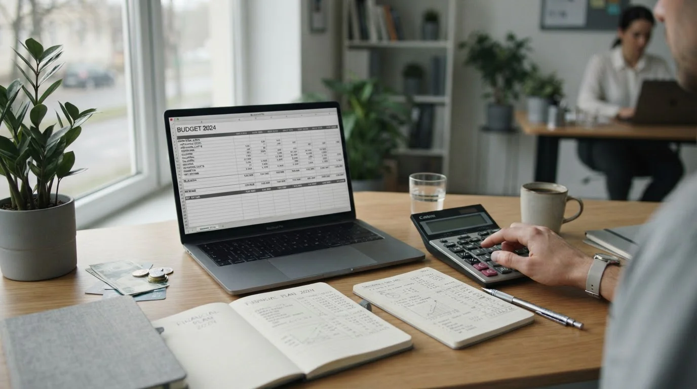 Taschenrechner und Finanzplanung für langfristiges Wett-Budget auf Schreibtisch