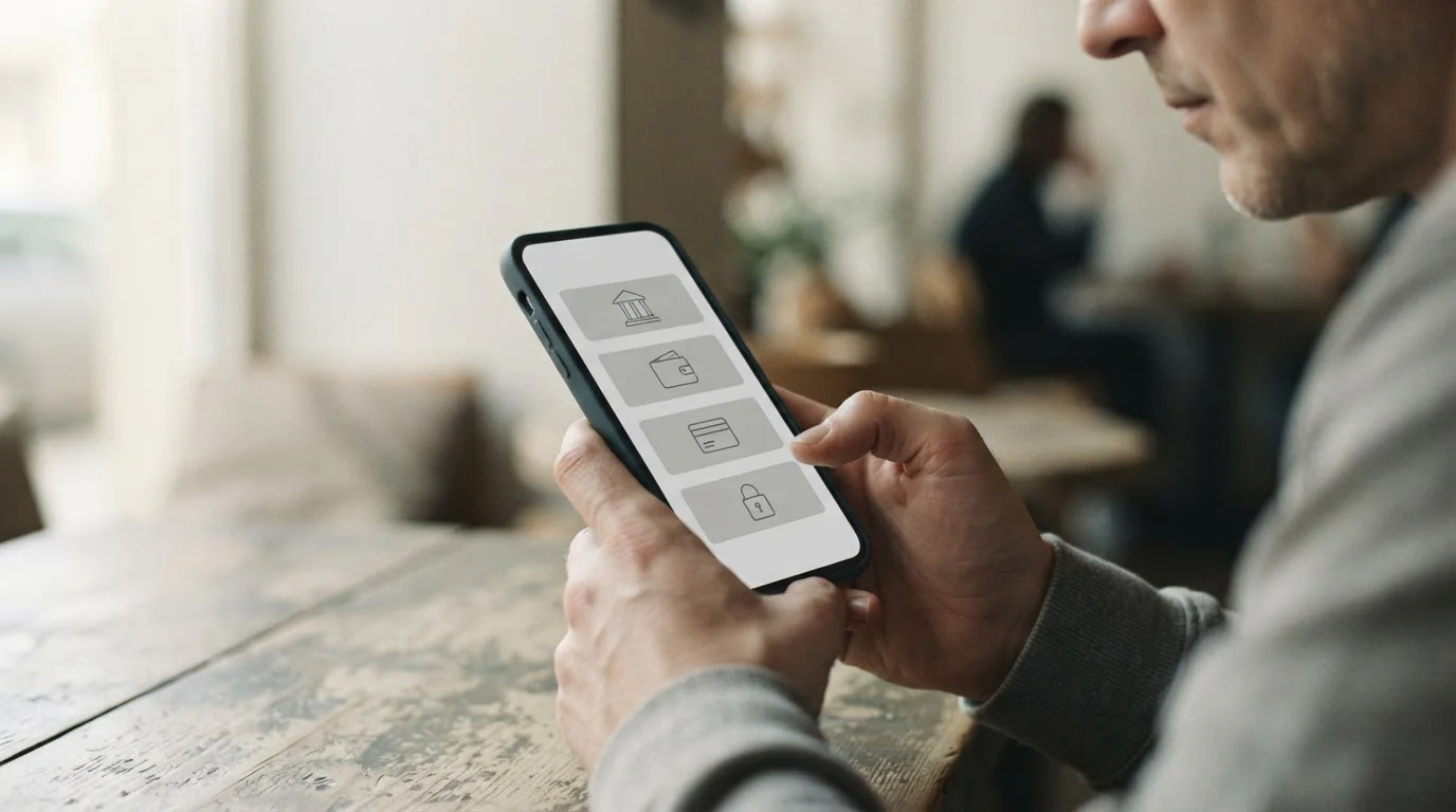 Smartphone mit Zahlungsauswahl-Interface in der Hand gehalten