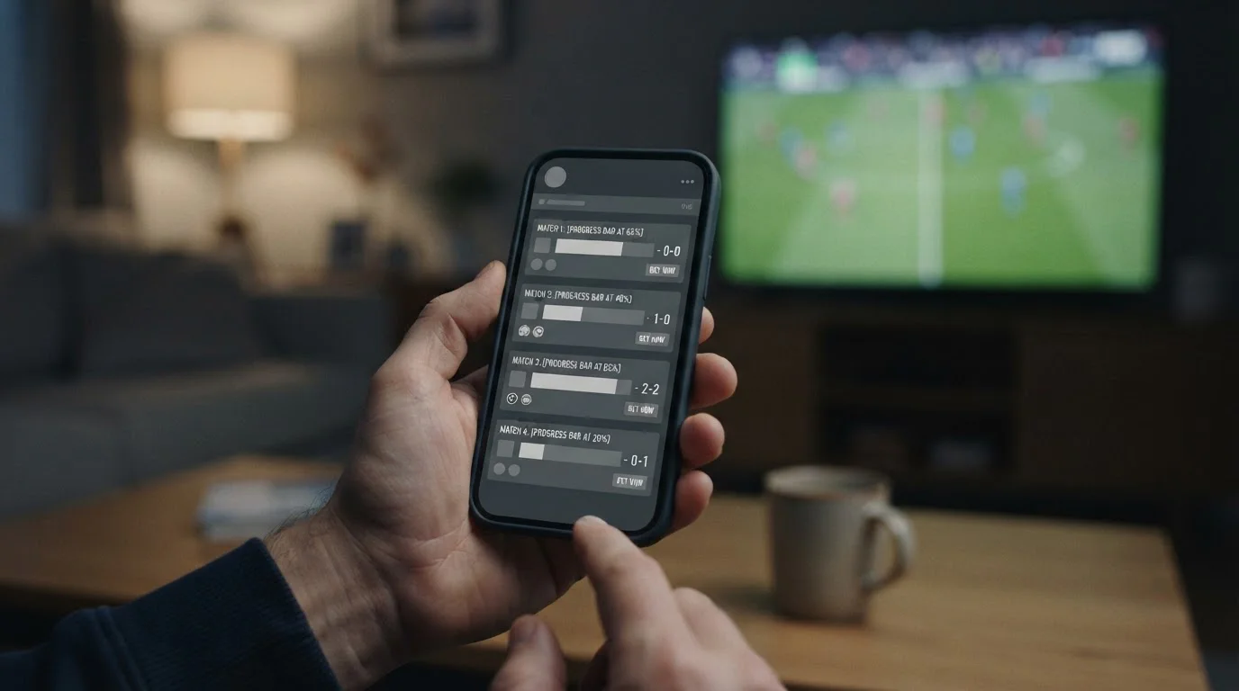Smartphone zeigt abstraktes Live-Wett-Interface während laufendem Spiel