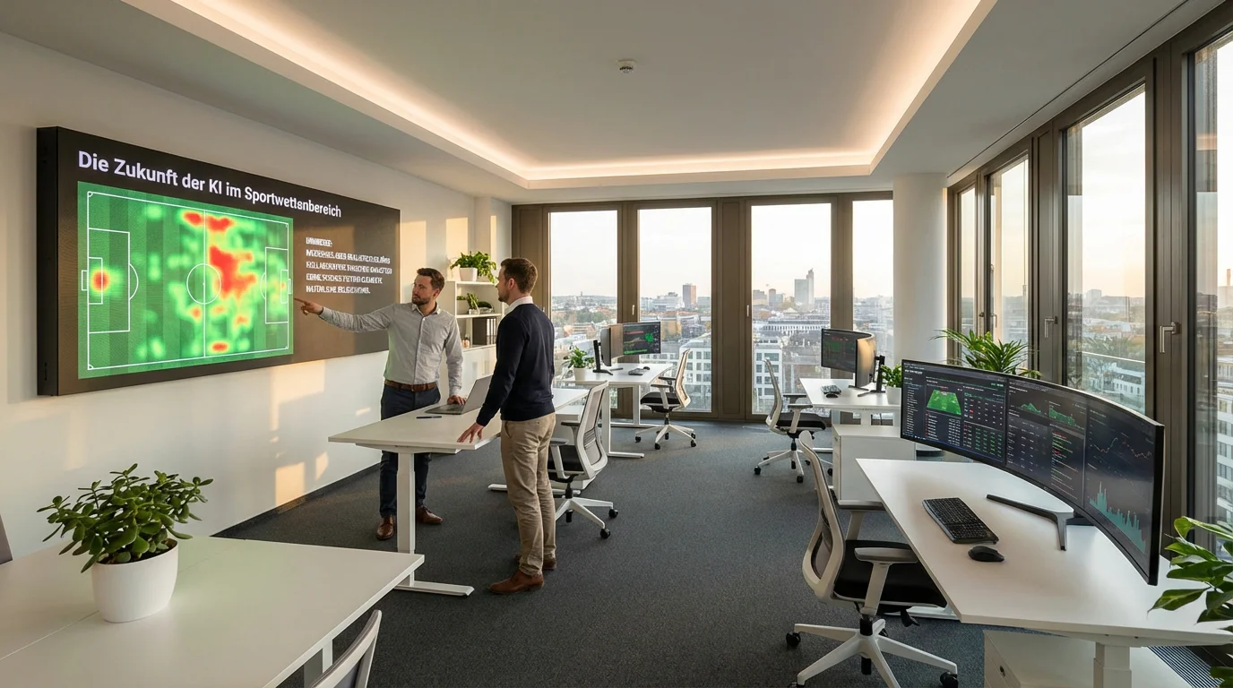 Modernes Büro mit Sportanalyse-Arbeitsplätzen und großen Bildschirmen
