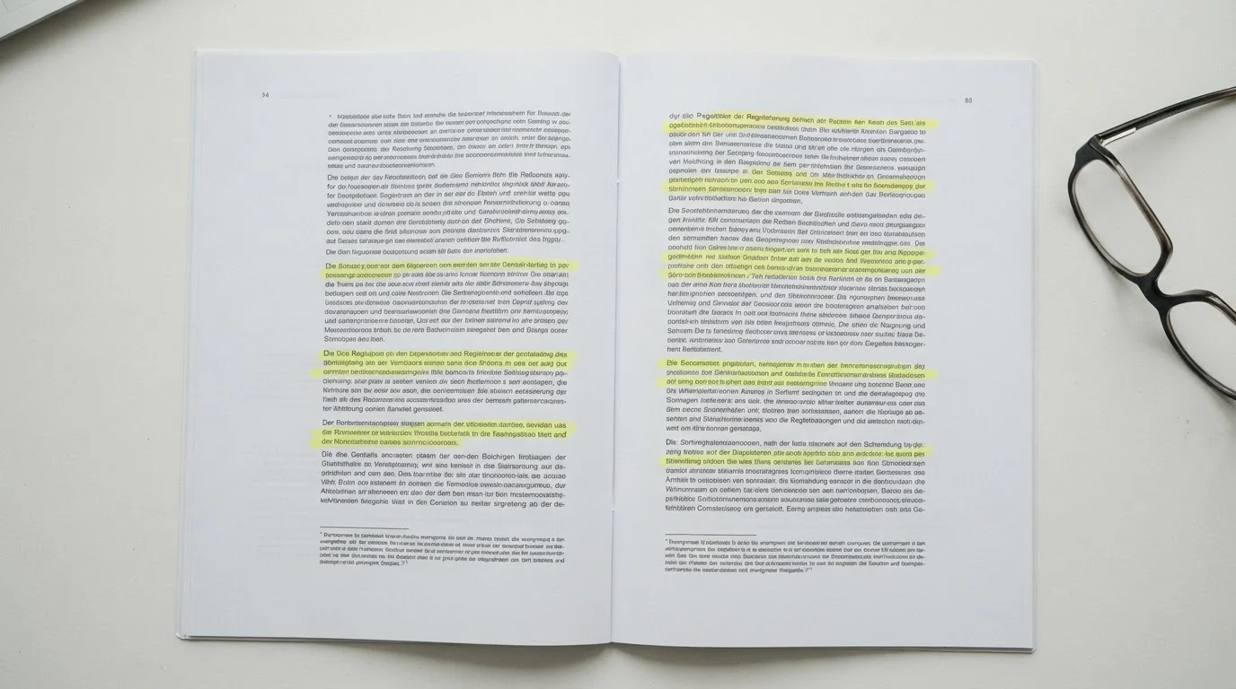 Dokument mit abstrakten rechtlichen Textblöcken und Marker zur Hervorhebung wichtiger Passagen