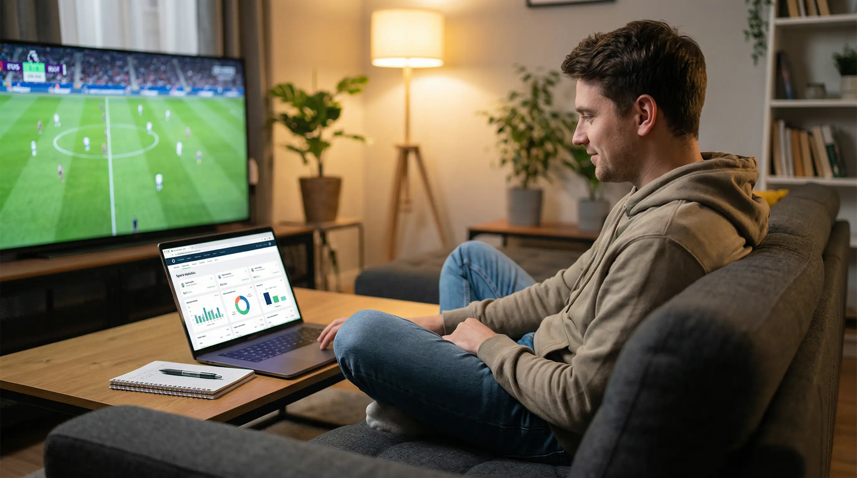 Person analysiert Fußballspiele am Laptop im Wohnzimmer