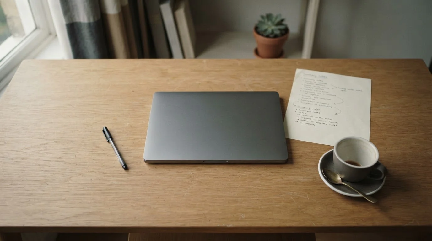 Leerer Schreibtisch mit geschlossenem Laptop symbolisiert nüchterne Bewertung nach Analyse