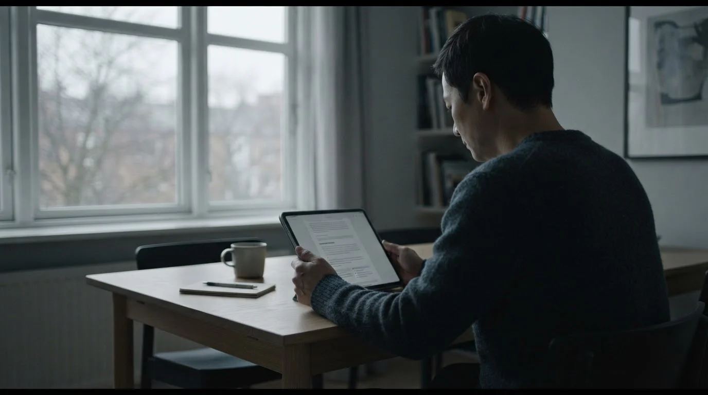 Person betrachtet ernsthaft Informationen über verantwortungsvolles Spielen auf einem Tablet