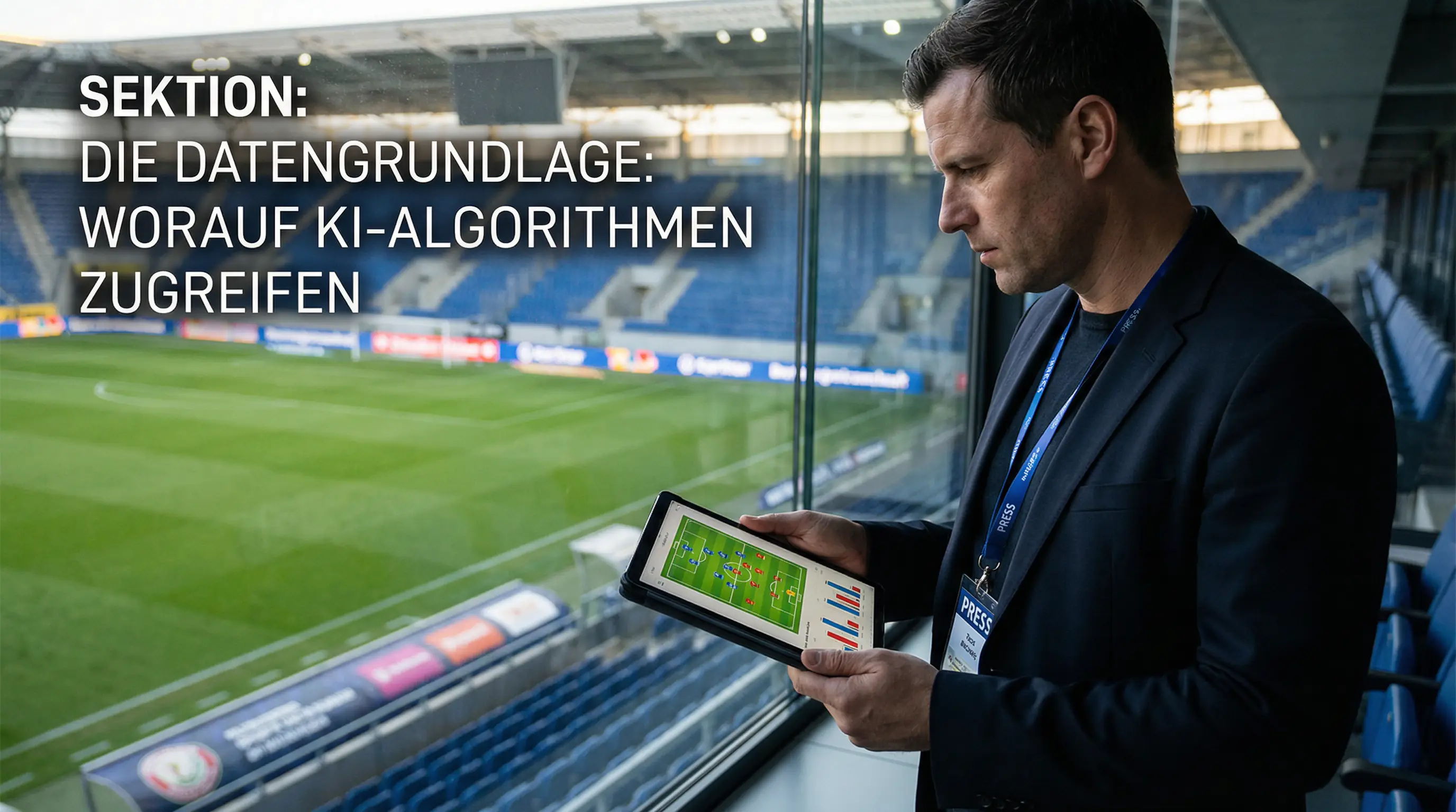 Sportanalyst mit Tablet analysiert Teamdaten im Fußballstadion