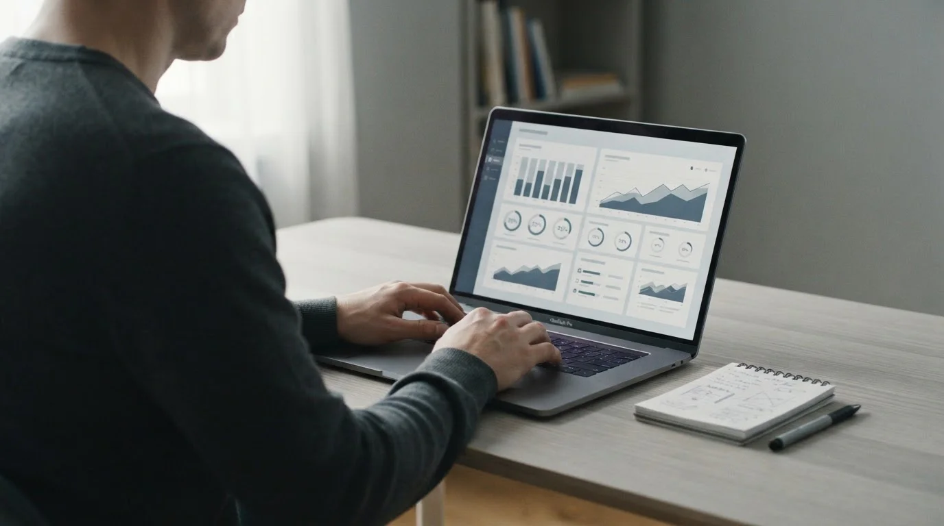 Laptop mit Sportstatistiken und Analysedaten auf Schreibtisch