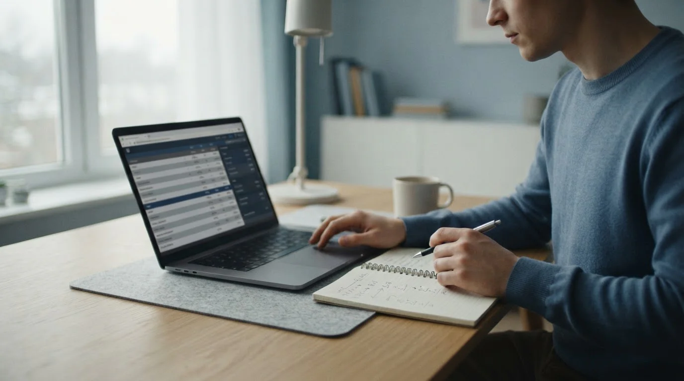 Neutrales Laptop-Display mit abstrakten Wettquoten und Steuerrechnung auf aufgeräumtem Schreibtisch