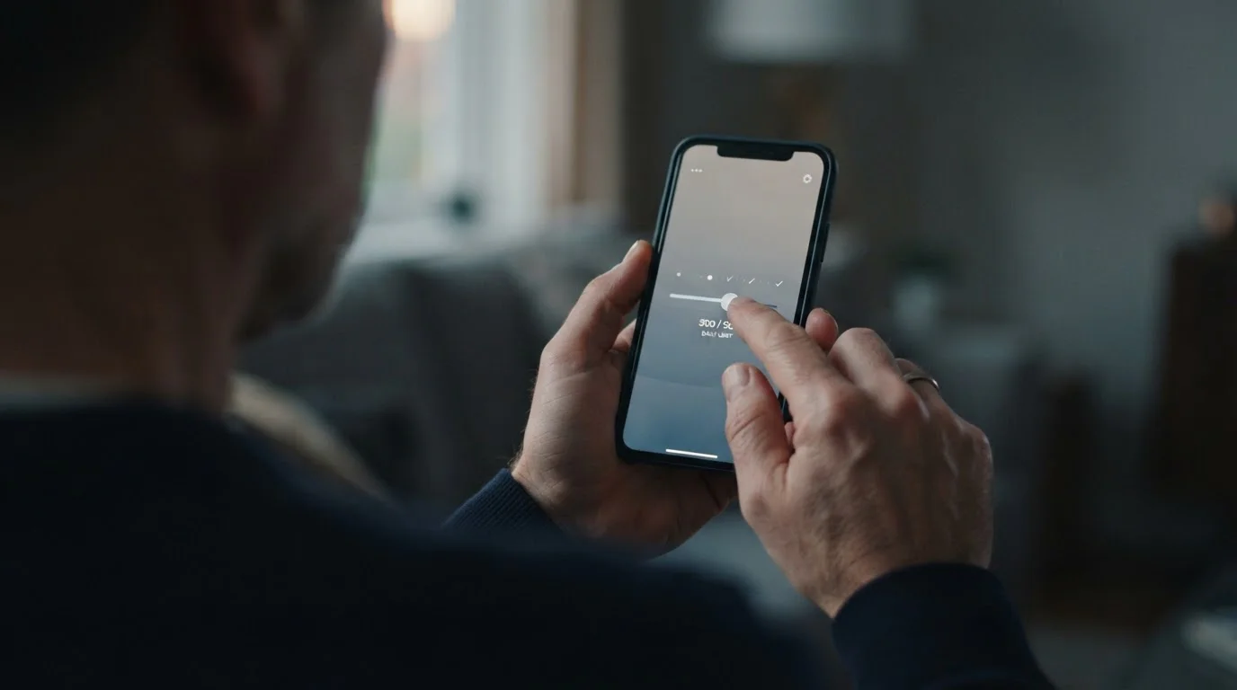 Hand stellt Limit in einer Wett-App ein, Fokus auf Selbstkontrolle