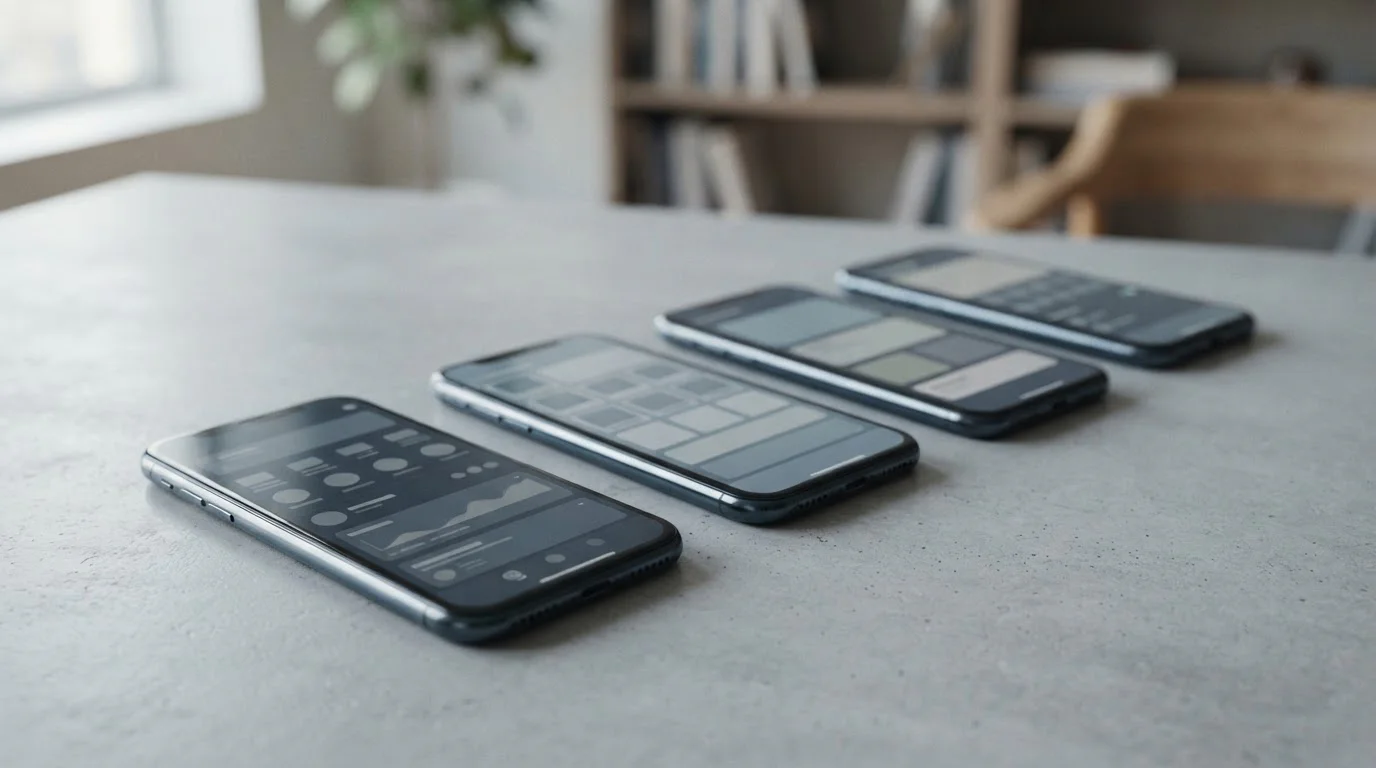 Mehrere Smartphones nebeneinander mit neutralen App-Oberflächen im Vergleich