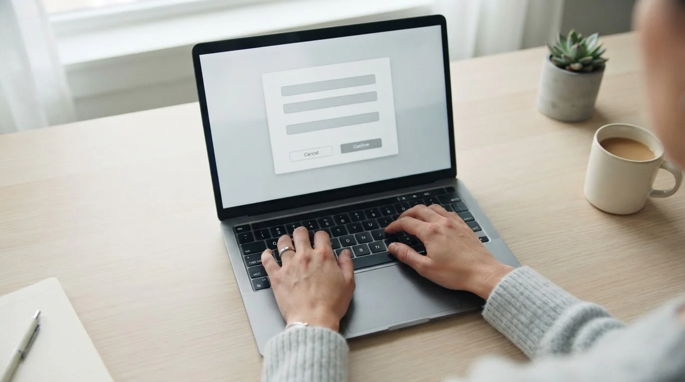 Hände über Tastatur bei Online-Zahlung, Bildschirm zeigt abstrakte Formularfelder