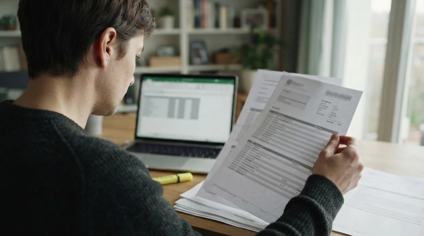 Person analysiert Bankauszüge mit markierten Transaktionen